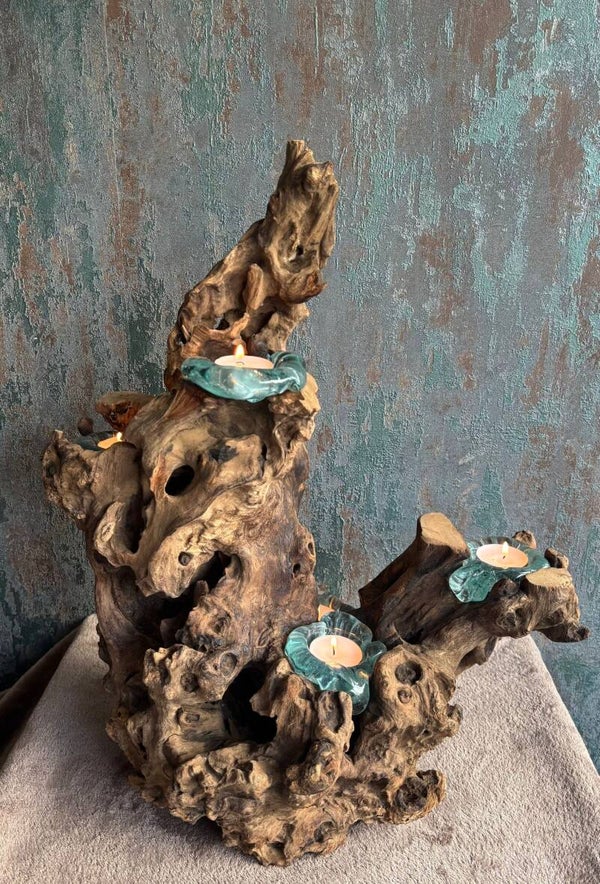 Gesmolten Glas Vijf Kandelaar op Hout