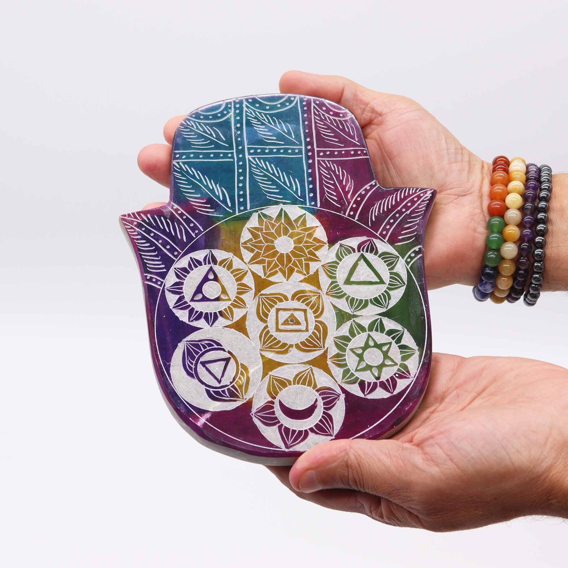 Speksteen Lrg Hamsa Wierookhouder 18x15x1.2cm - 7 Chakra
