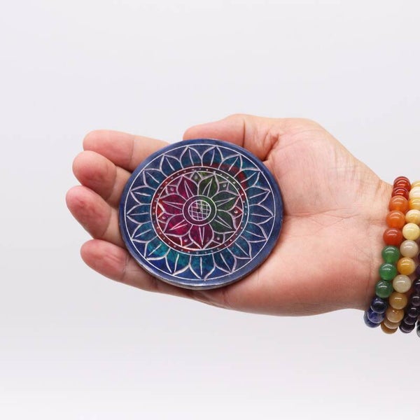 Speksteen Schijf Wierookhouder 8cm - Lotus in Lotus