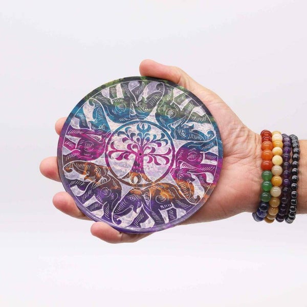 Speksteen Schijf Wierookhouder 12cm - 6 Gelukkige Olifanten