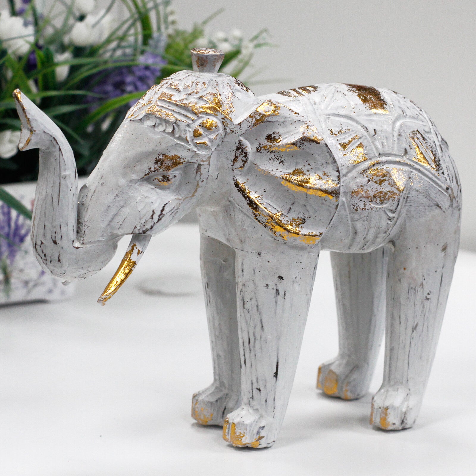 Hout Gesneden Olifant - Wit & Goud - 8 x 27 x 24cm