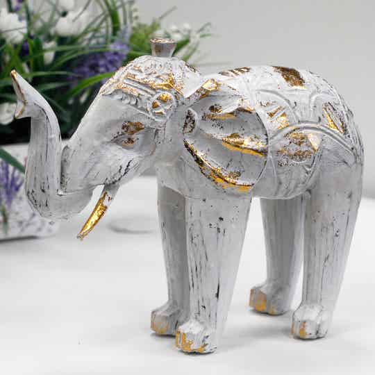 Hout Gesneden Olifant - Wit & Goud - 8 x 27 x 24cm