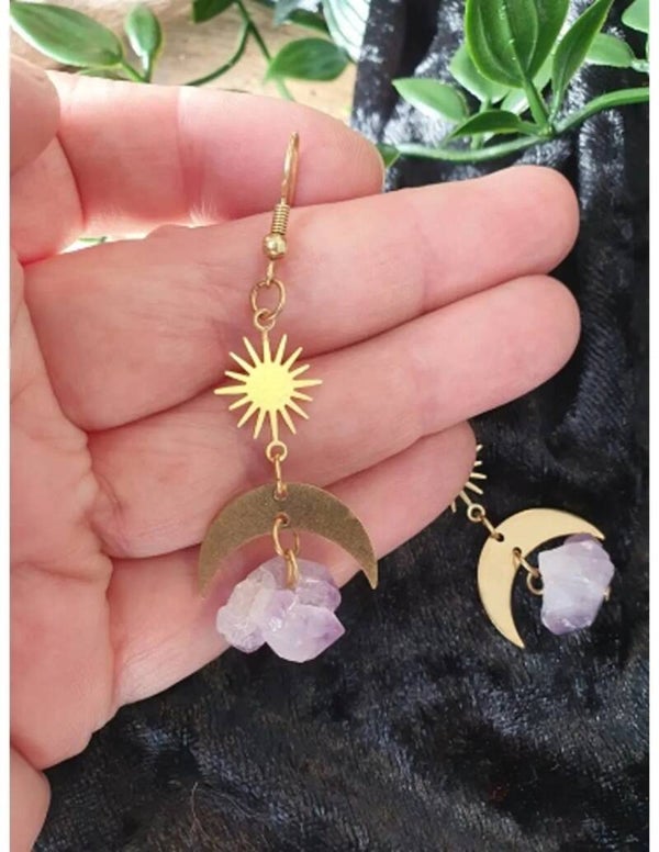 Amethist ruw Star&Moon oorbellen
