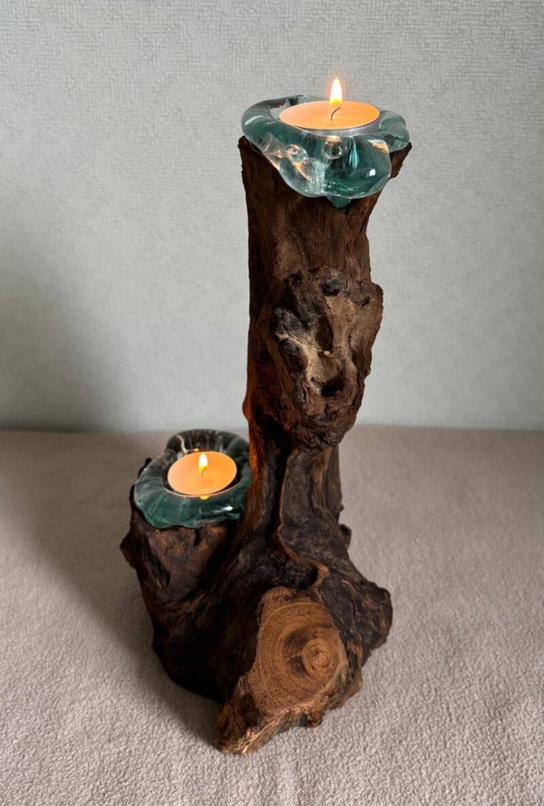 Gesmolten Glas op Hout - Dubbele Kaarshouder