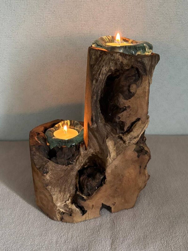 Gesmolten Glas op Hout - Dubbele Kaarshouder
