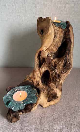 Gesmolten Glas op Hout - Dubbele Kaarshouder