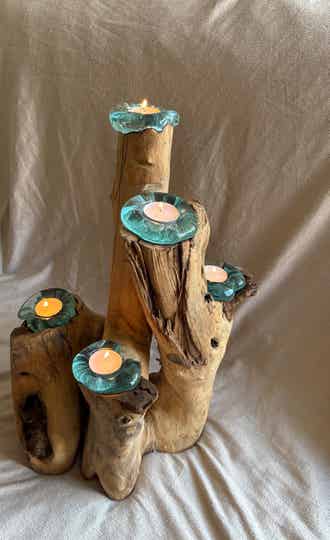 Gesmolten Glas Vijf Kandelaar op Hout