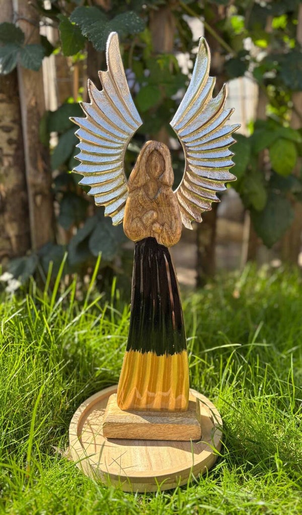 Grote Mango Houten Beschermengel Metalen Vleugels & Emaille Detail - 40cm