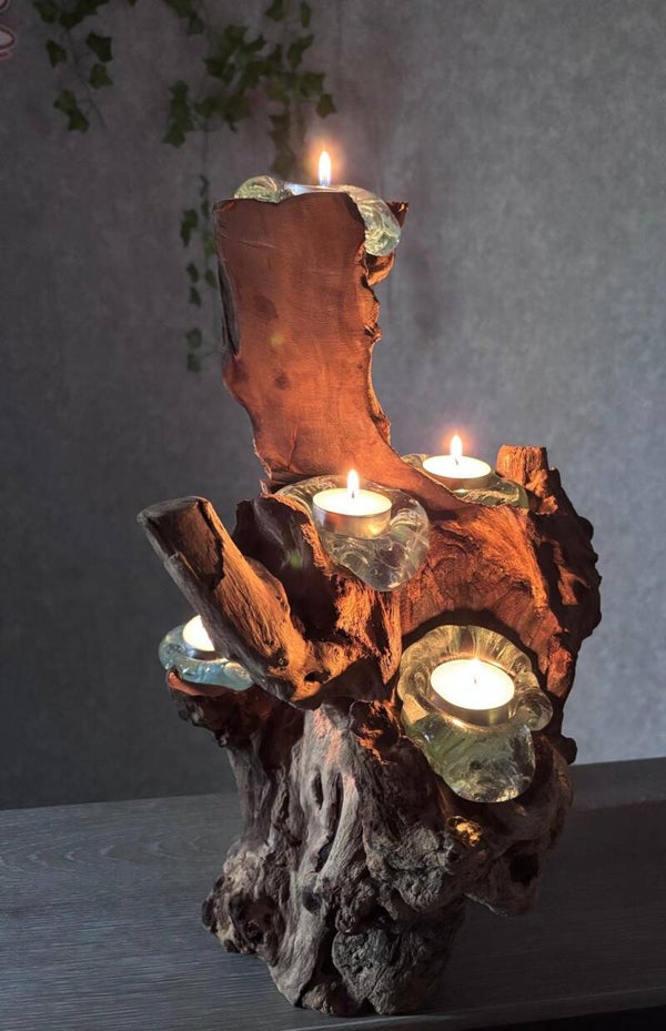 Gesmolten Glas Vijf Kandelaar op Hout