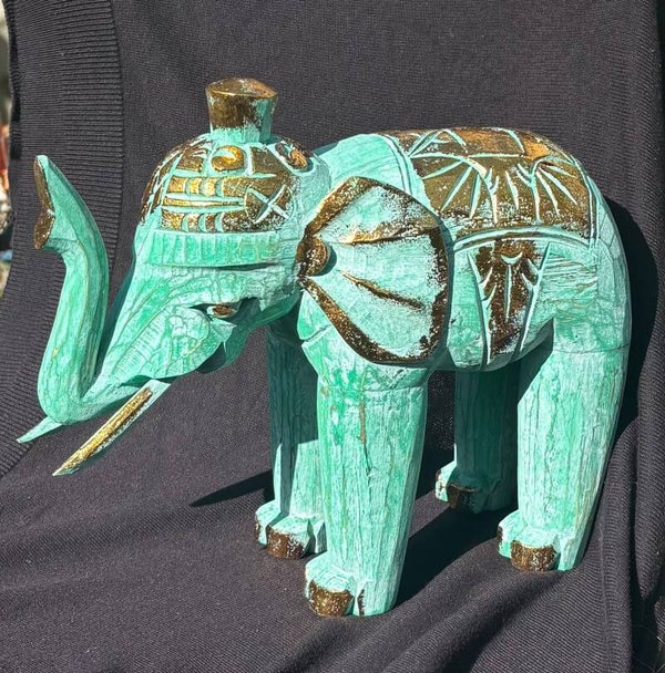 Hout Gesneden Olifant - Turkoois & Goud - 8 x 27 x 24cm
