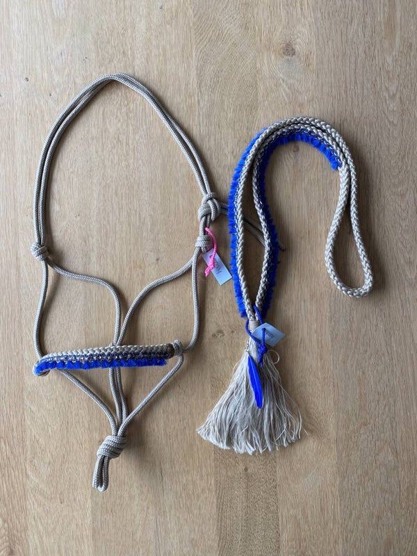 Set touwhalster + neckrope - Pony - Beige kobaltblauw