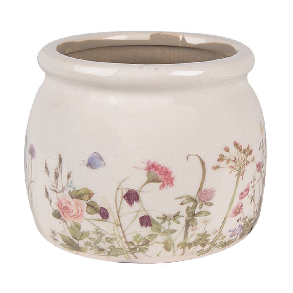 Clayre & Eef bloempot beige met bloemen – Ø12 cm