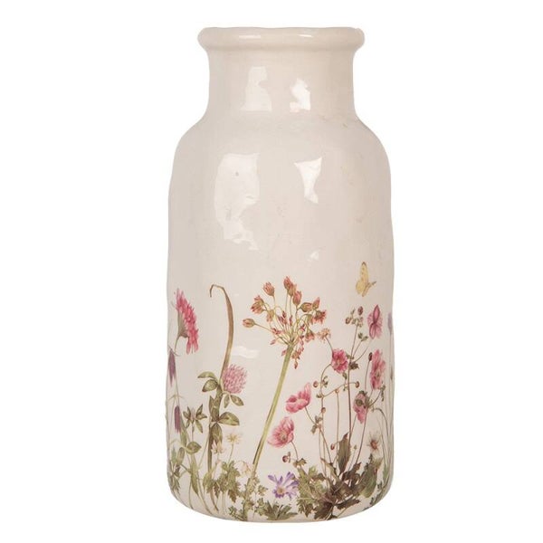 Clayre & Eef keramieken vaas beige met bloemenmotief Ø15x32 cm