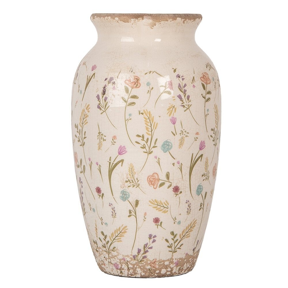 Clayre & Eef keramieken vaas beige met bloemenmotief Ø16x27 cm