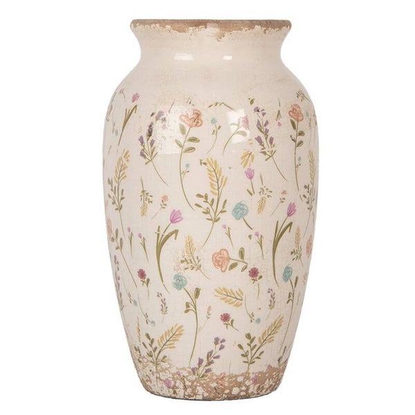Clayre & Eef keramieken vaas beige met bloemenmotief Ø16x27 cm