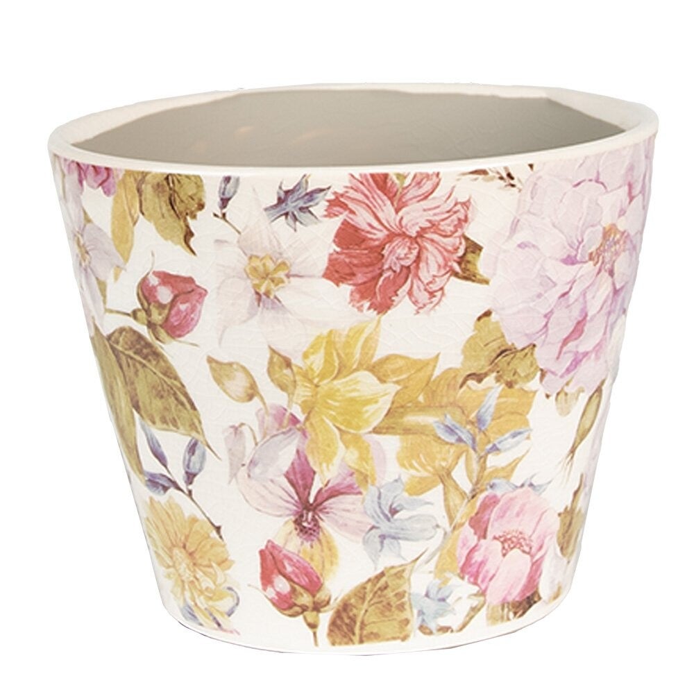 Clayre & Eef bloempot keramiek beige met bloemen Ø12 cm