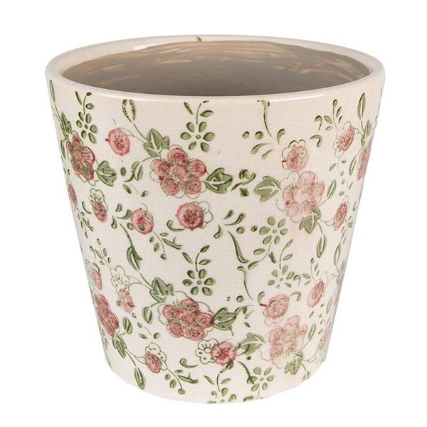 Clayre & Eef bloempot keramiek beige met bloemen Ø12 cm