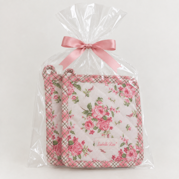 Pannenlap set van 2 – Wit met Roze Rozen – 20 × 20 cm