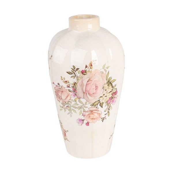Clayre & Eef keramieken vaas beige met roze bloemen Ø17x30 cm