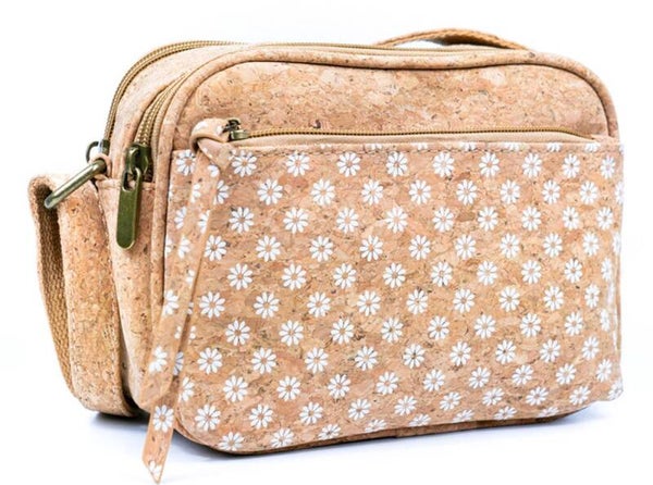 kurk schoudertas met witte bloemen