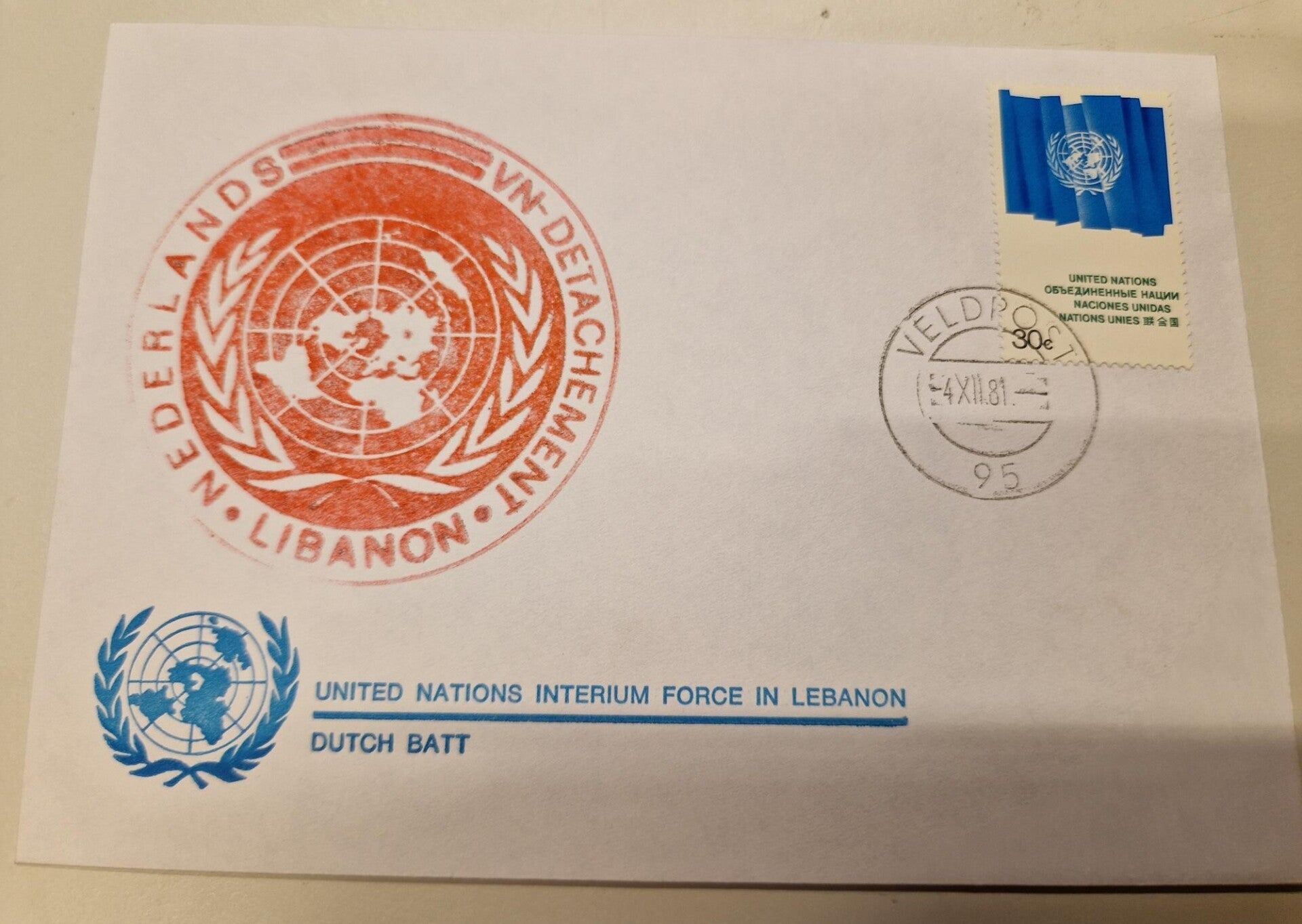 Eerste dag envelop United Nations Interium Force in Lebanon met NLD stempel