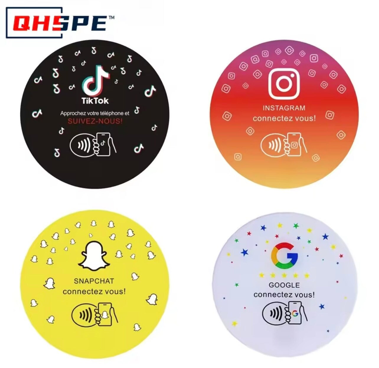 Plaque nfc ronde réseaux sociaux , google-snapchat-instagram-tiktok