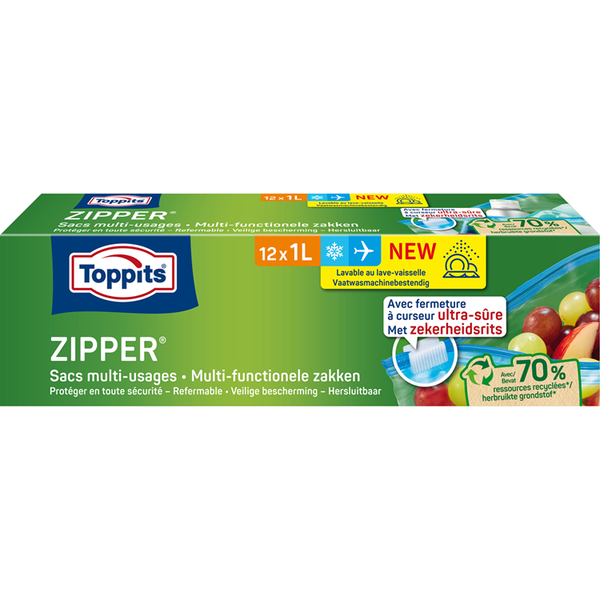 TOPPITS zipper diepvrieszak 12x1 liter (doosjes van 12 st.) - vaatwasserbestendig - herbruikbaar