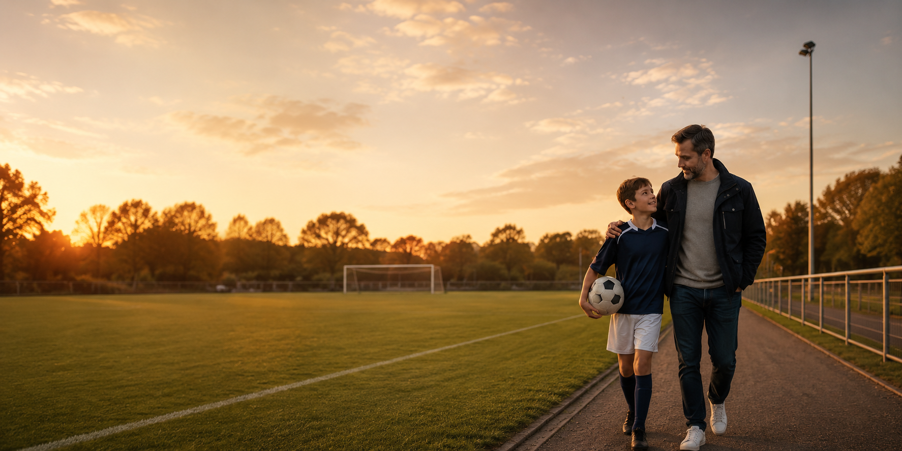 Ouder en jeugdvoetballer lopen samen langs het voetbalveld.