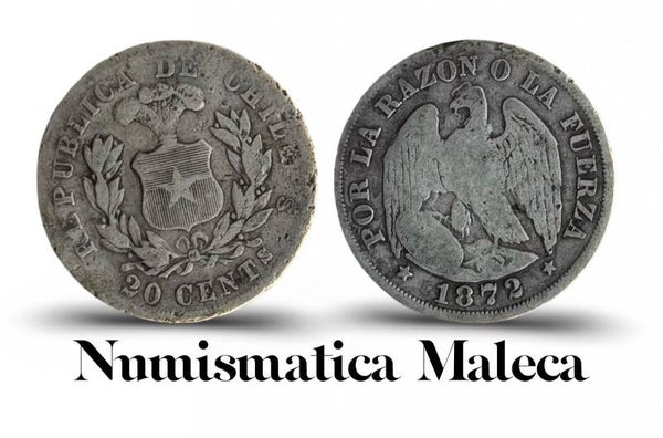 Chile 20 Cents 1872, Km138.1 Plata