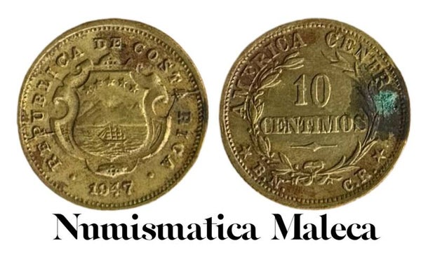 Costa Rica 10 Centimos 1947, Km180 Circ