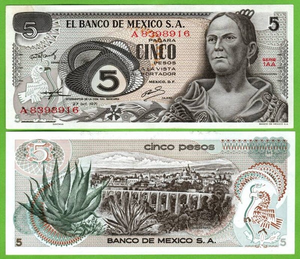 Mexico 5 Pesos 1971, P-62b.1.2 Prefix-1AA Aunc