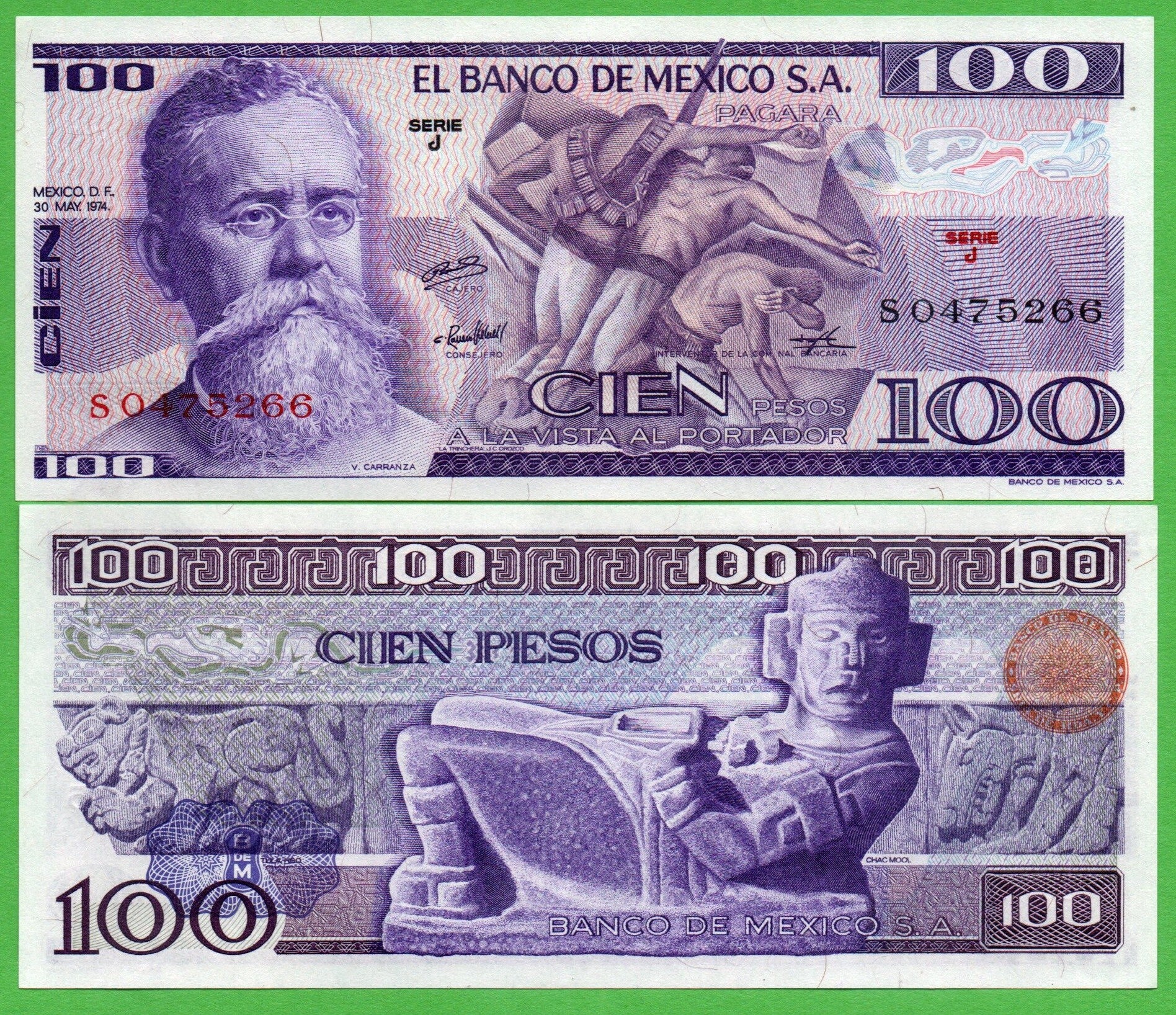 Mexico 100 Pesos 1974, P-66a. J Prefix-J Unc