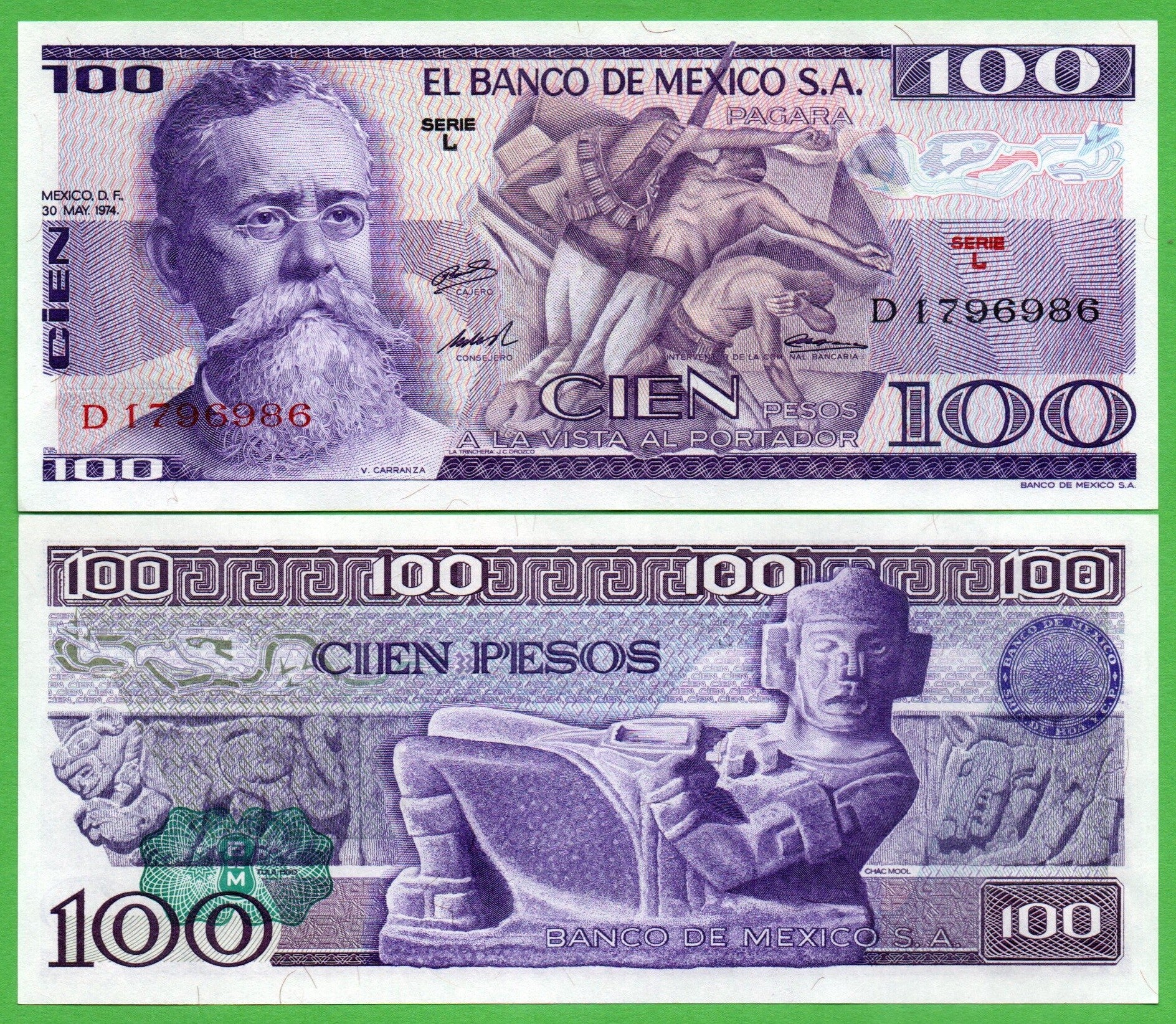 Mexico 100 Pesos 1974, P-66a. L Prefix-L Unc