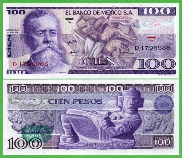 Mexico 100 Pesos 1974, P-66a. L Prefix-L Unc
