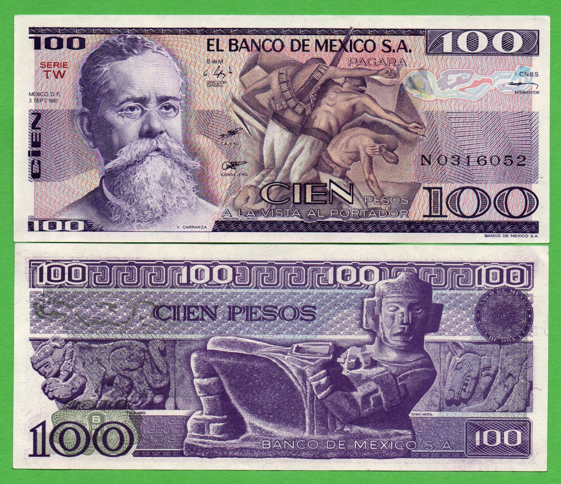 Mexico 100 Pesos 1981, P-74b.TW Prefix-TW Unc