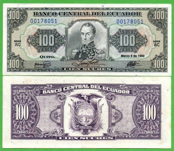 Ecuador 100 Sucres 1992, P-123ab.2 Unc