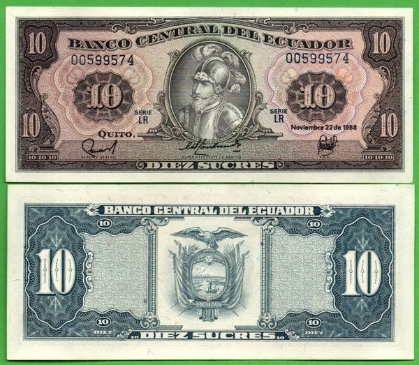 Ecuador 10 Sucres 1988, P-121a.9 Prefix-LR Unc