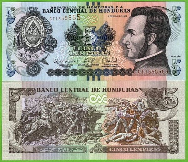 Honduras 5 Lempiras 2024, P-98f Latima Pleno 1555555  Unc
