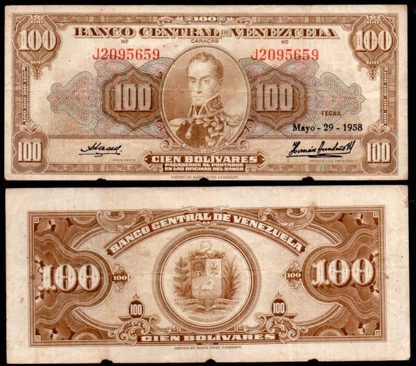 Venezuela 100 Bolivares 1958, P-34c FINE