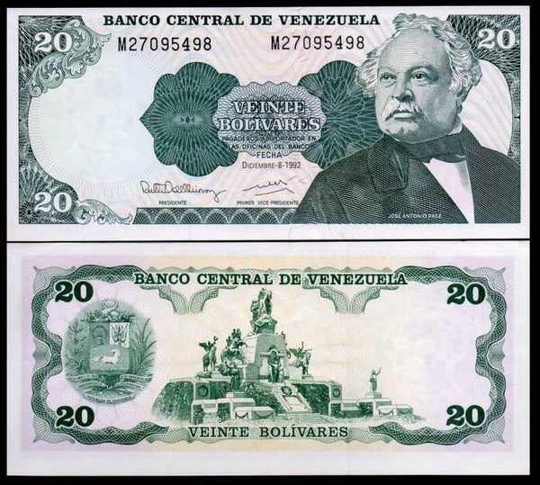 Venezuela 20 Bolivares 1992, P-63d Prefix-M Unc