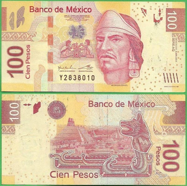 Mexico 100 Pesos, 2014 P-124i Prefix-Q Aunc