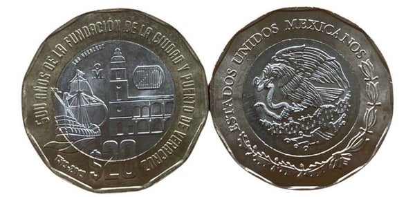 Mexico 20 Pesos, 2019 Bimetallic 500th Anniversary of Veracruz Ship Unc