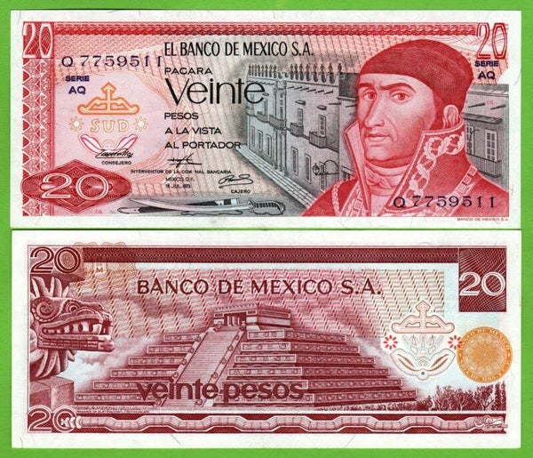 Mexico 20 Pesos 1973, P-64b.4 PRefix-AQ Unc
