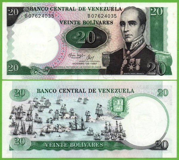 Venezuela 20 Bolivares 1987, P-71 B-Prefix  Aunc