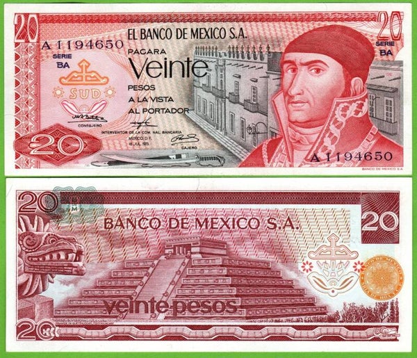 Mexico 20 Pesos 1973, P-64b.6 PRefix-BA Unc