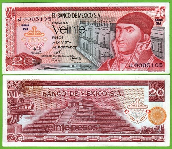 Mexico 20 Pesos 1973, P-64b.8 Prefix-BJ Unc