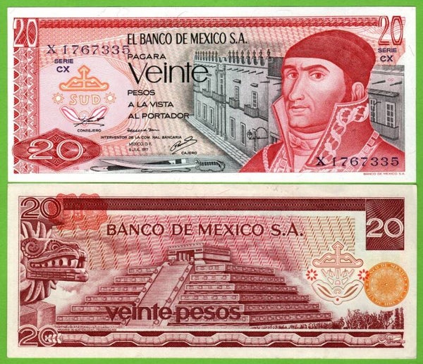 Mexico 20 Pesos 1977, P-64d.1 Prefix-CX Unc