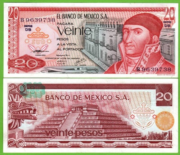 Mexico 20 Pesos 1977, P-64d.3 Prefix-DB Aunc