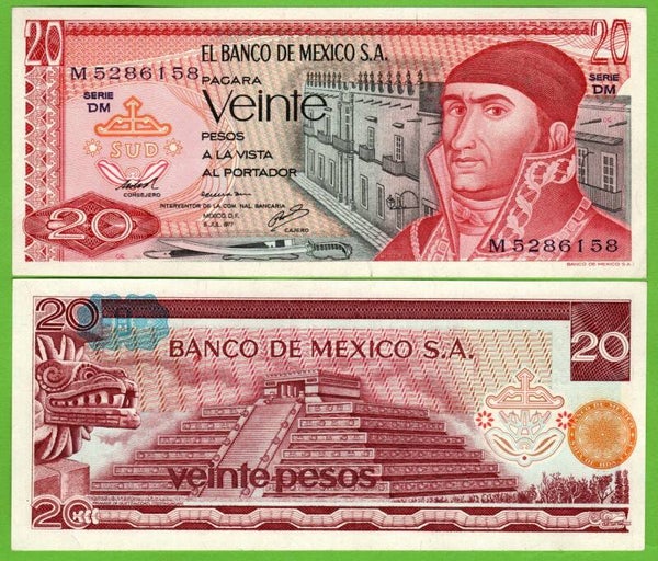 Mexico 20 Pesos 1977, P-64d.4, Prefix-DM Aunc