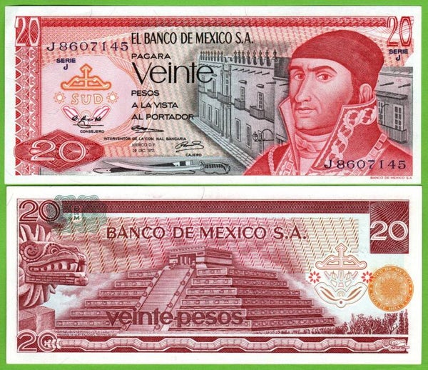 Mexico 20 Pesos 1972, P-64a.2 Prefix-J Unc